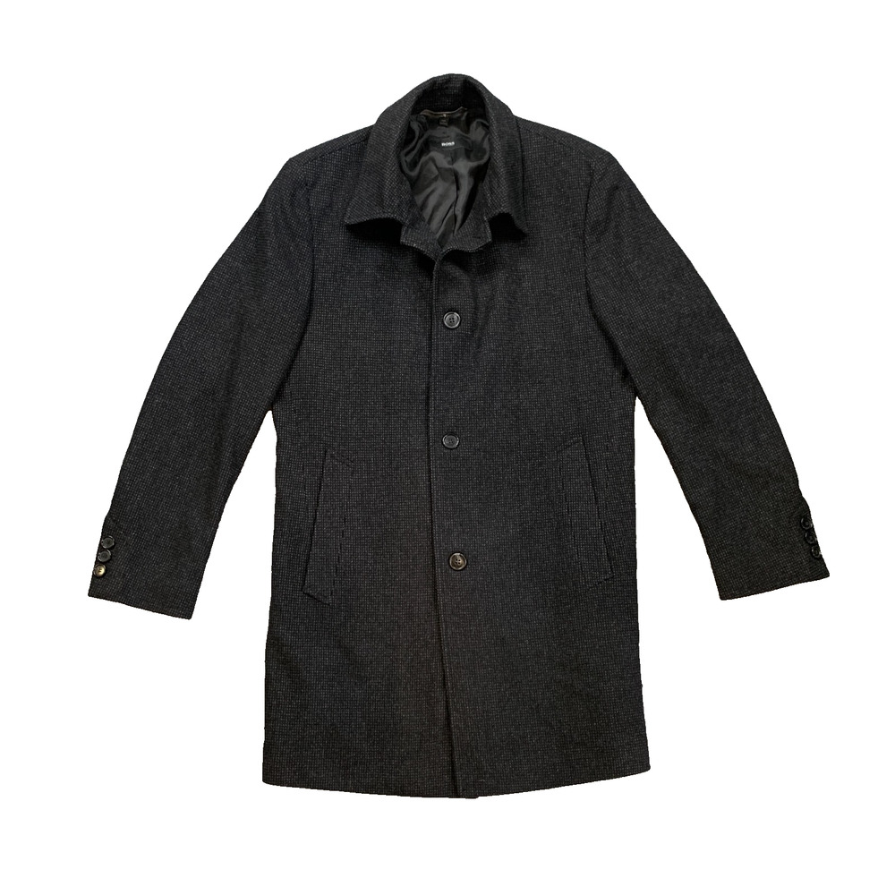 Hugo Boss Car Coat Mens 42 Black Wool Blend Water Resistant City Overcoat Jacket